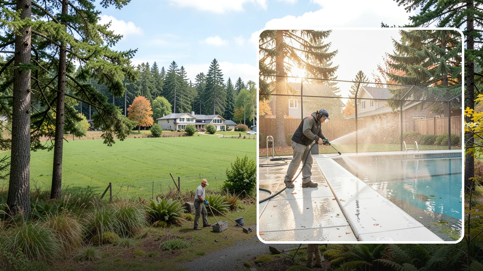 Pool Enclosure Washing in Lyman, Skagit County, WA - We wash screened and glass pool enclosures to clear the algae film and evergreen debris that dim them through the rainy months.