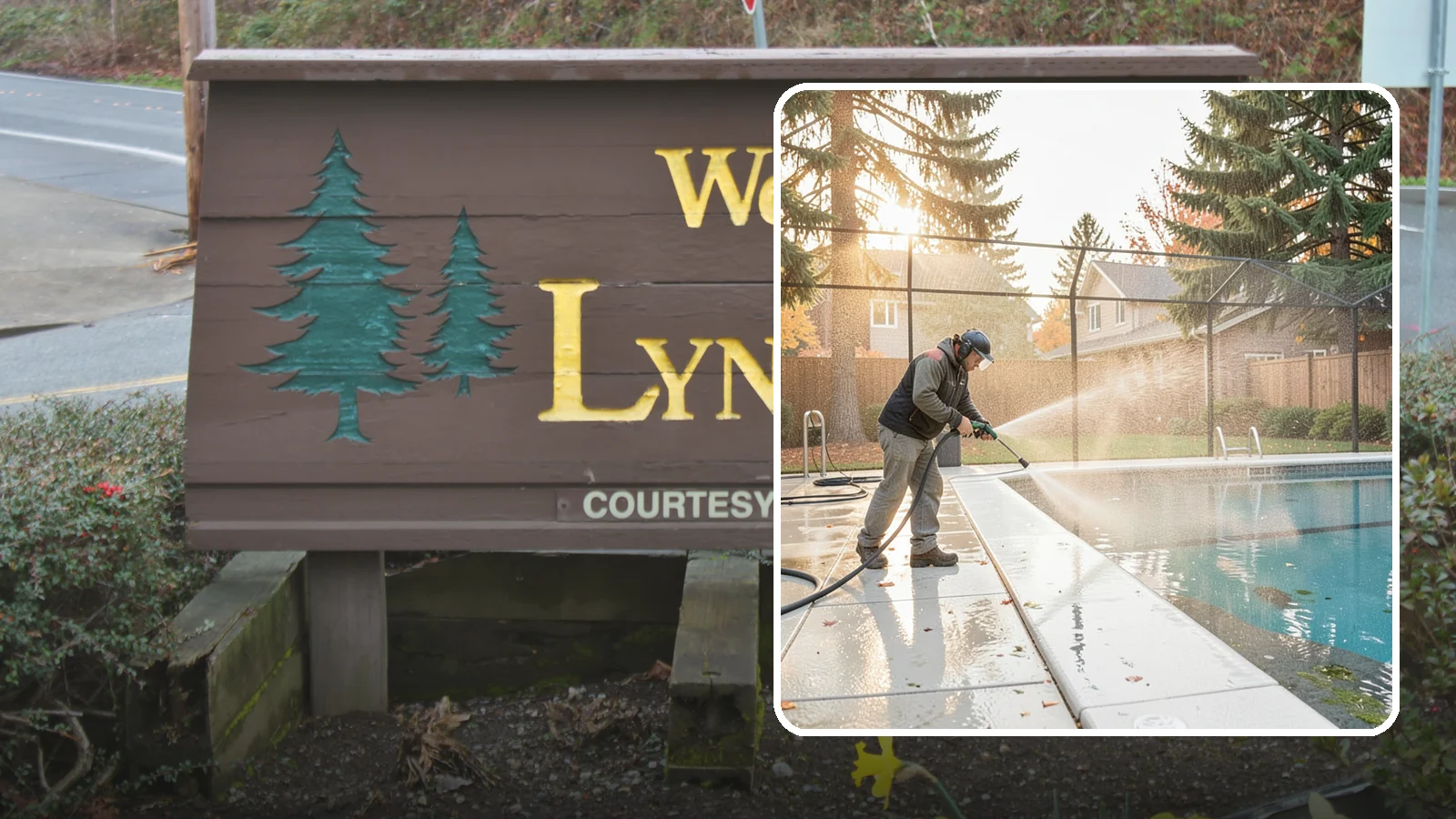 Pool Enclosure Washing in Lynnwood, Snohomish County, WA - We wash screened and glass pool enclosures to clear the algae film and evergreen debris that dim them through the rainy months.