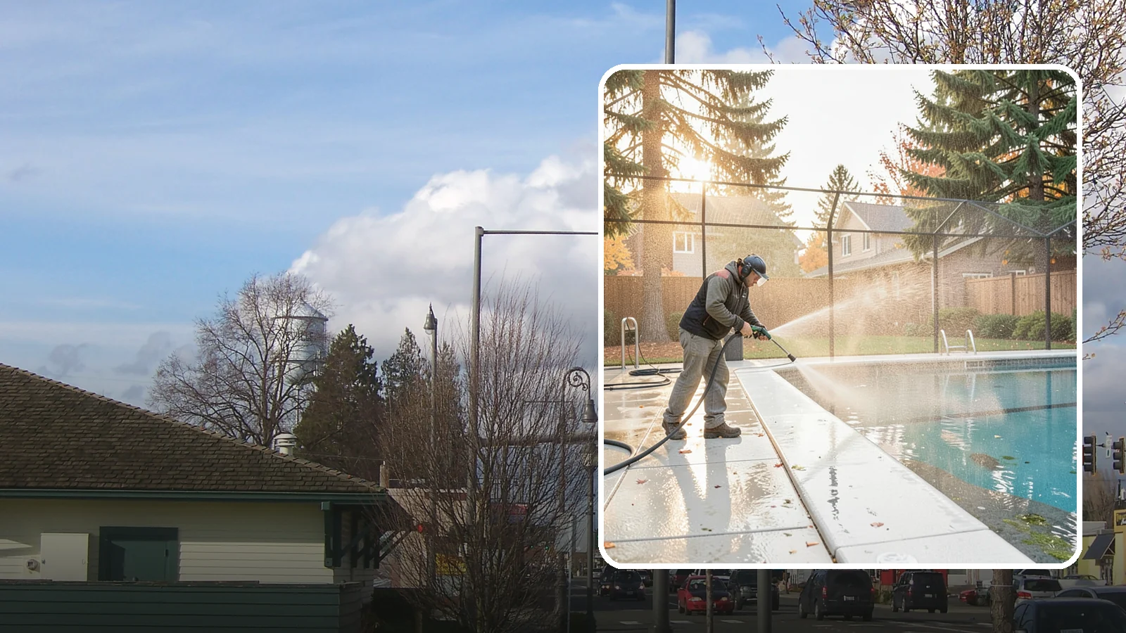 Pool Enclosure Washing in Marysville, Snohomish County, WA - We wash screened and glass pool enclosures to clear the algae film and evergreen debris that dim them through the rainy months.