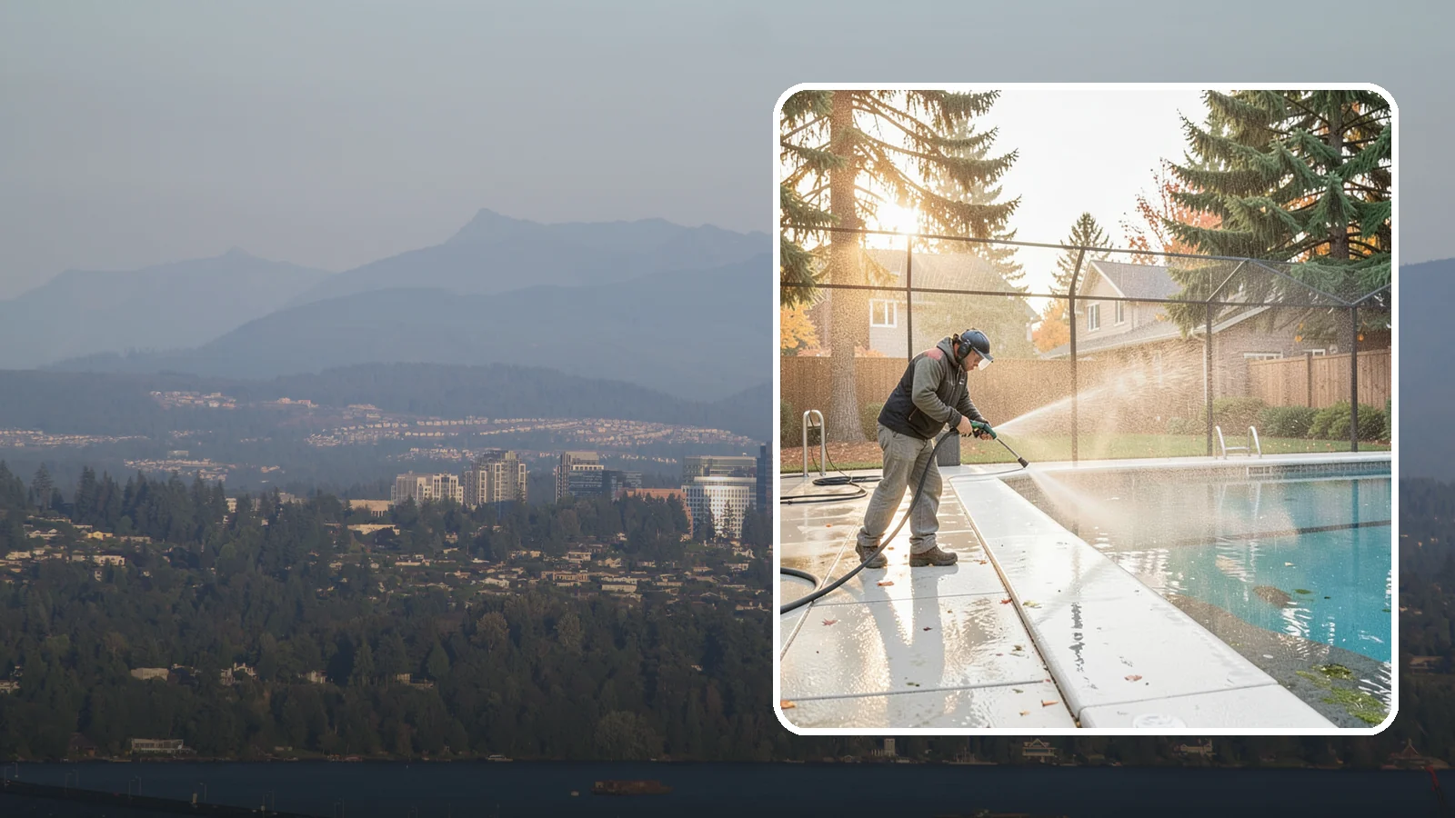 Pool Enclosure Washing in Medina, King County, WA - We wash screened and glass pool enclosures to clear the algae film and evergreen debris that dim them through the rainy months.