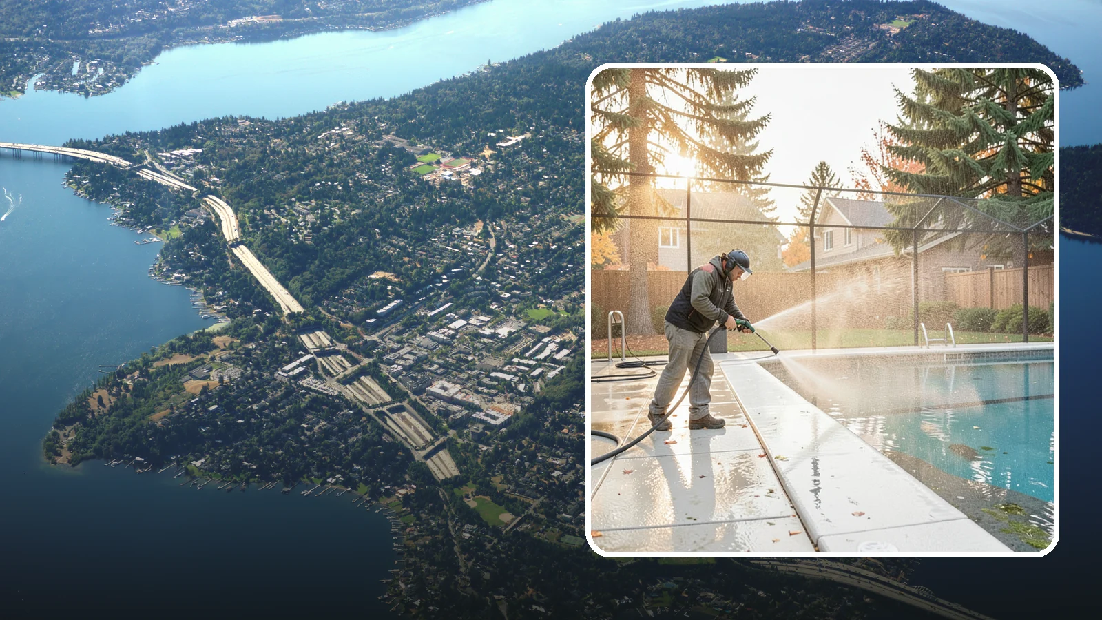 Pool Enclosure Washing in Mercer Island, King County, WA - We wash screened and glass pool enclosures to clear the algae film and evergreen debris that dim them through the rainy months.