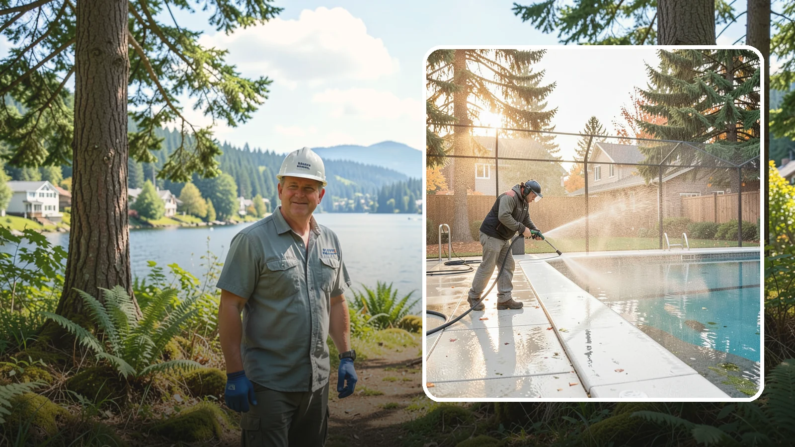 Pool Enclosure Washing in Milton, King County, WA - We wash screened and glass pool enclosures to clear the algae film and evergreen debris that dim them through the rainy months.