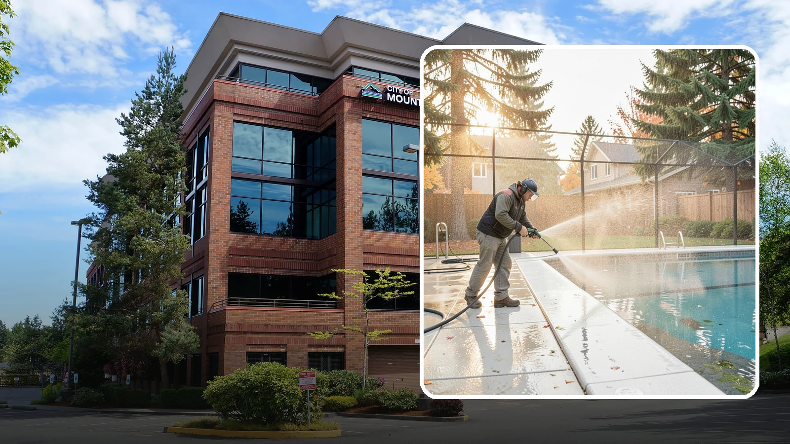 Pool Enclosure Washing in Mountlake Terrace, Snohomish County, WA - We wash screened and glass pool enclosures to clear the algae film and evergreen debris that dim them through the rainy months.