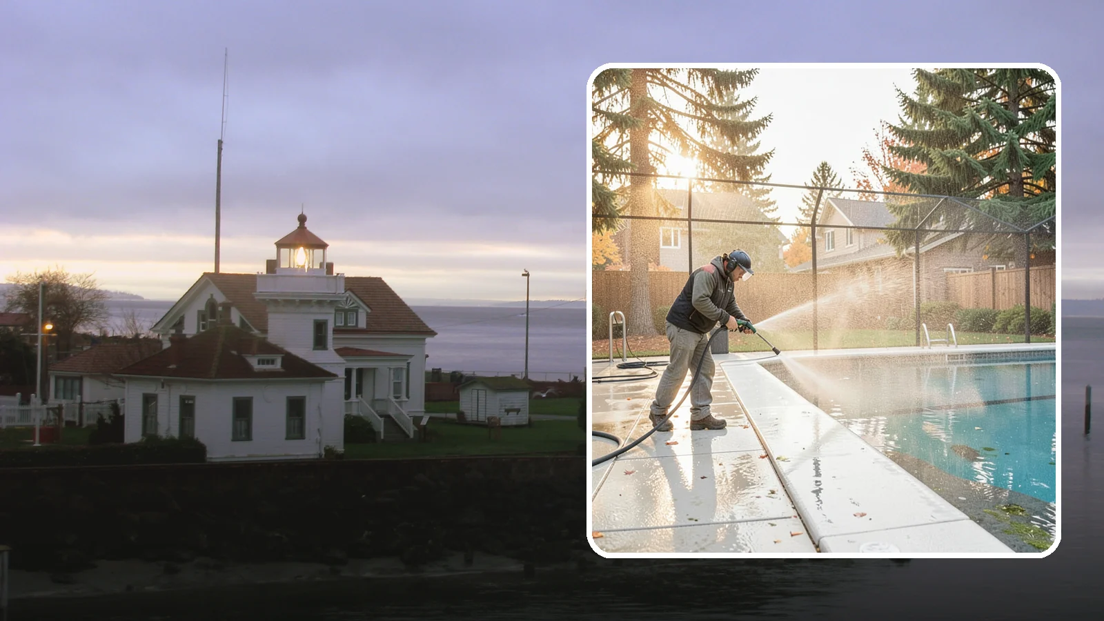Pool Enclosure Washing in Mukilteo, Snohomish County, WA - We wash screened and glass pool enclosures to clear the algae film and evergreen debris that dim them through the rainy months.
