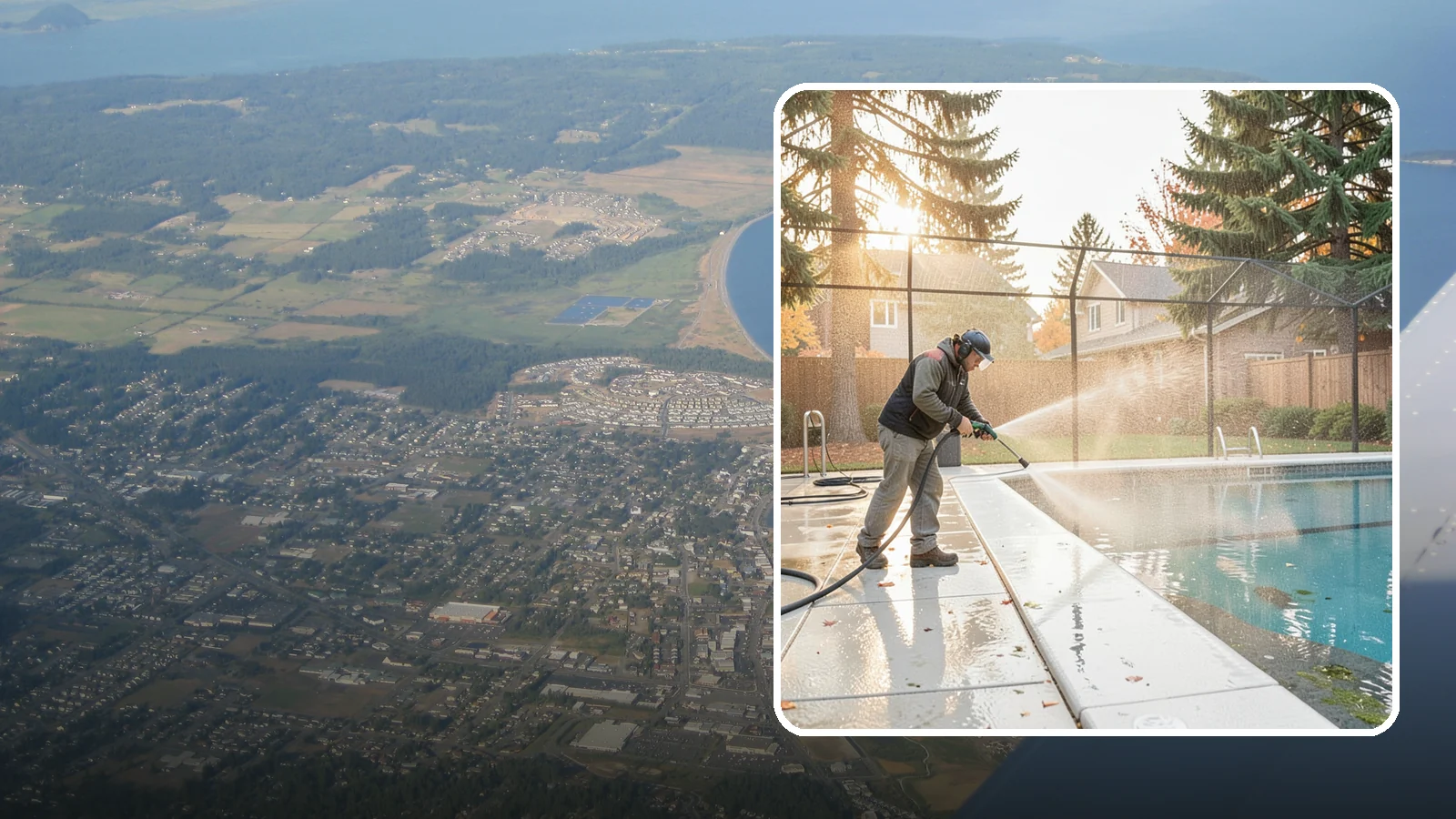 Pool Enclosure Washing in Oak Harbor, Island County, WA - We wash screened and glass pool enclosures to clear the algae film and evergreen debris that dim them through the rainy months.
