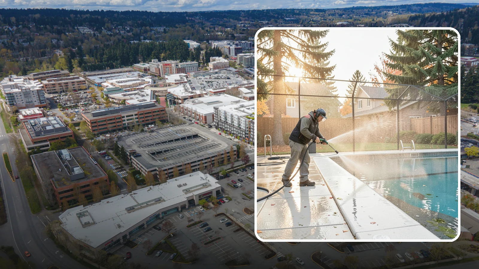Pool Enclosure Washing in Redmond, King County, WA - We wash screened and glass pool enclosures to clear the algae film and evergreen debris that dim them through the rainy months.