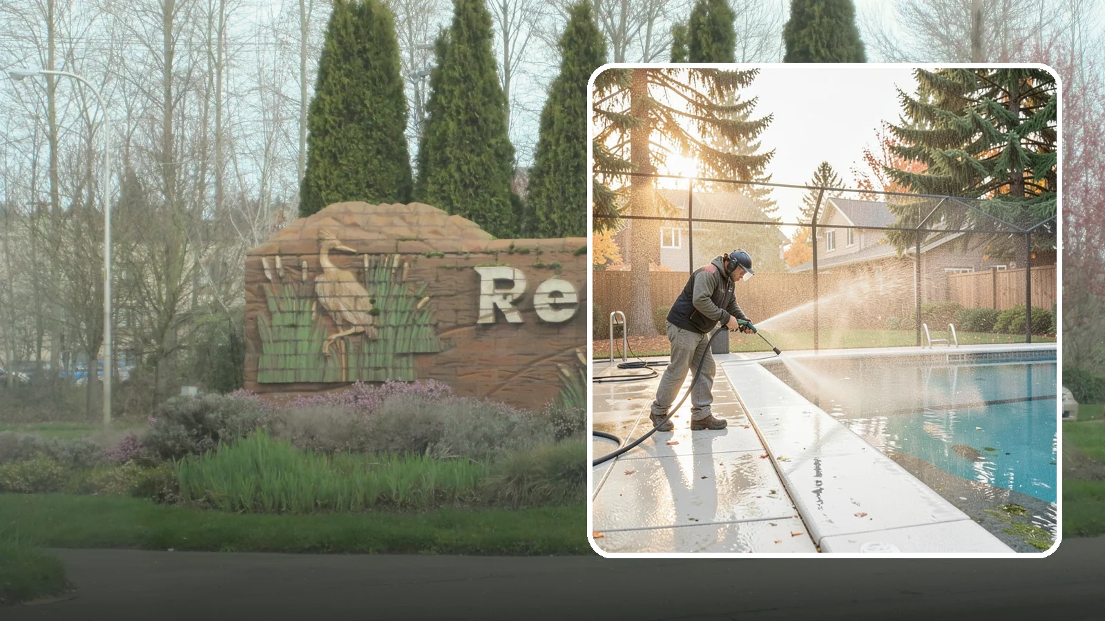 Pool Enclosure Washing in Renton, King County, WA - We wash screened and glass pool enclosures to clear the algae film and evergreen debris that dim them through the rainy months.