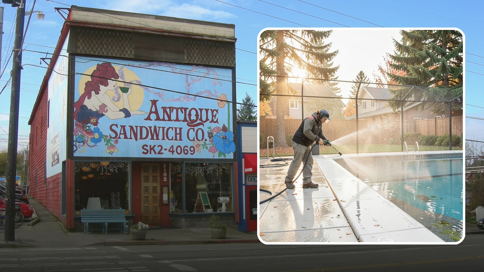 Pool Enclosure Washing in Ruston, Pierce County, WA - We wash screened and glass pool enclosures to clear the algae film and evergreen debris that dim them through the rainy months.