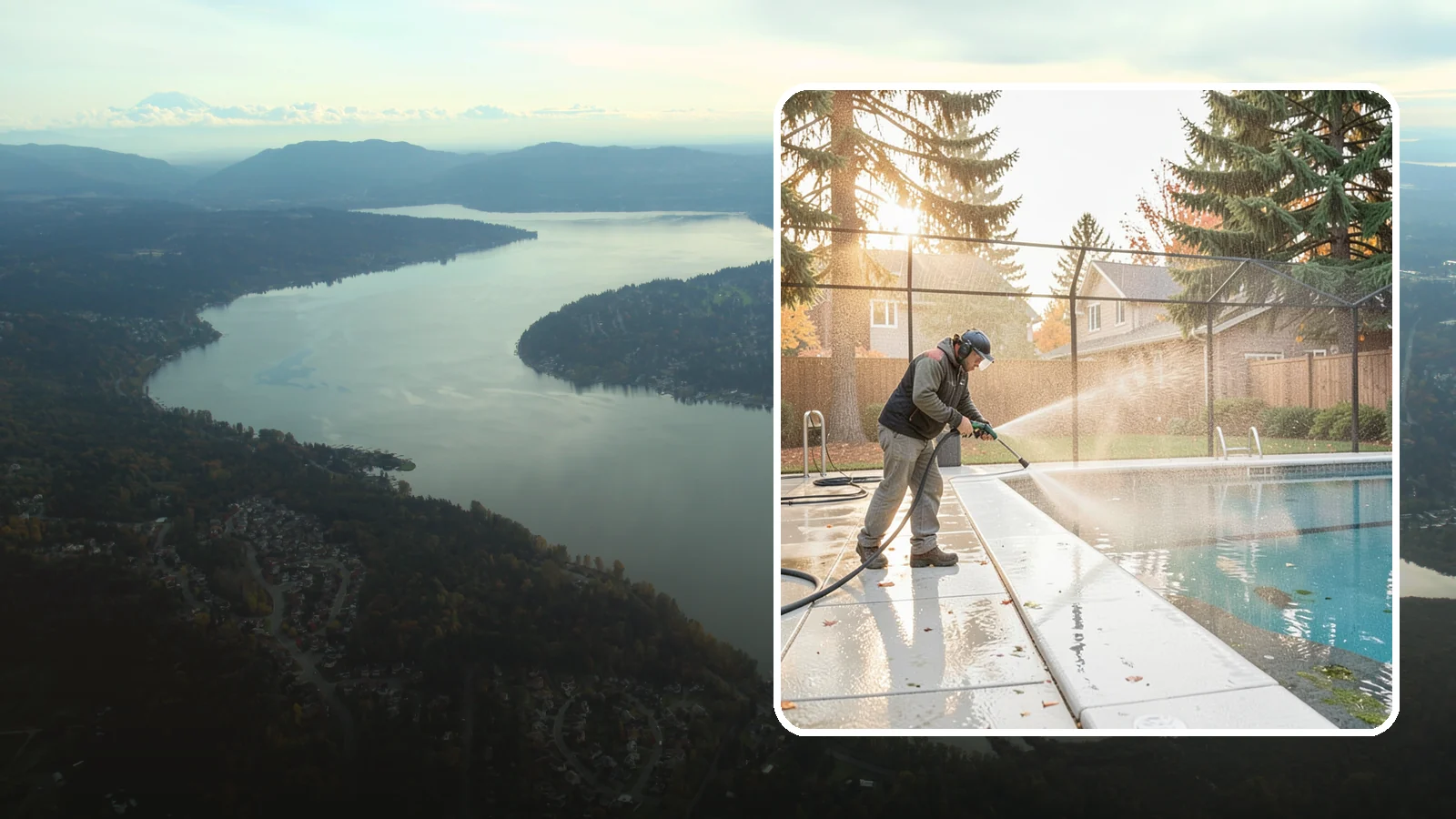 Pool Enclosure Washing in Sammamish, King County, WA - We wash screened and glass pool enclosures to clear the algae film and evergreen debris that dim them through the rainy months.
