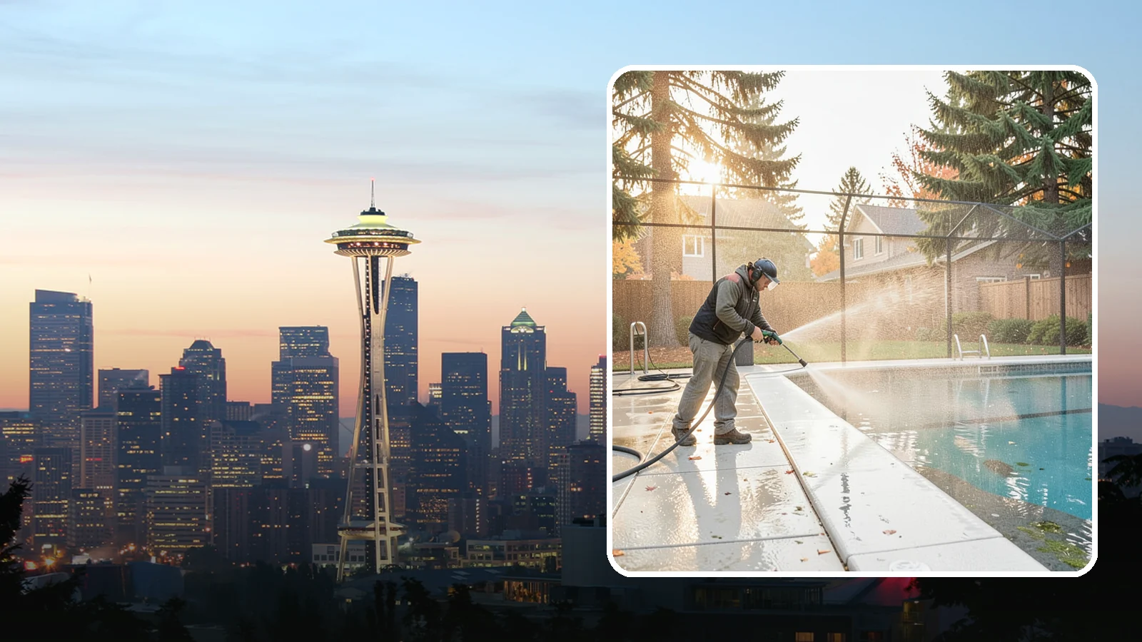 Pool Enclosure Washing in Seattle, King County, WA - We wash screened and glass pool enclosures to clear the algae film and evergreen debris that dim them through the rainy months.