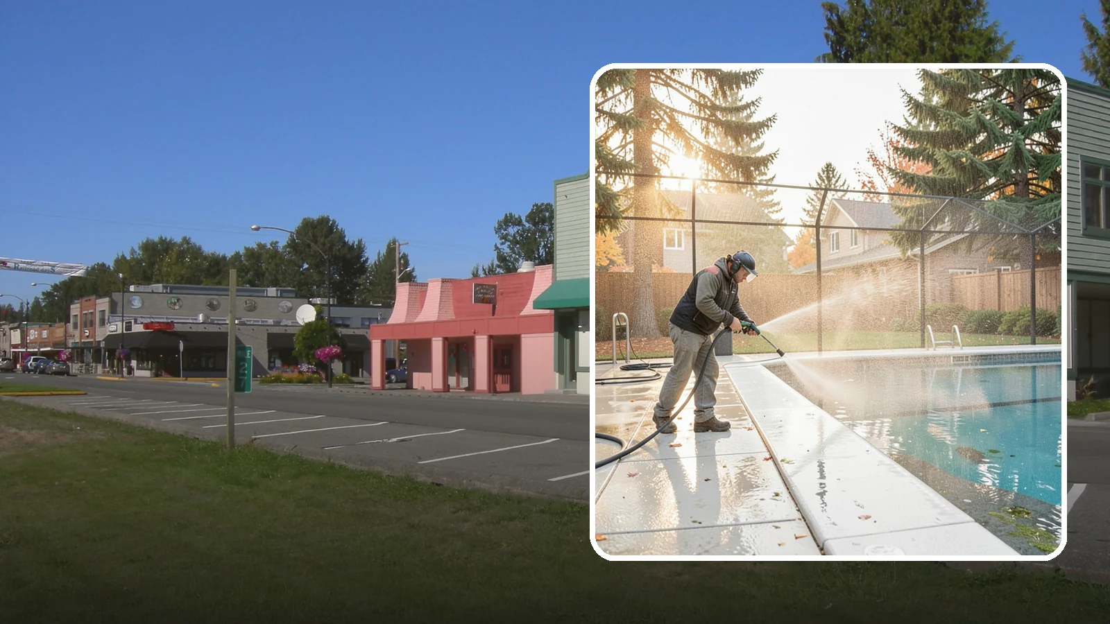 Pool Enclosure Washing in Snoqualmie, King County, WA - We wash screened and glass pool enclosures to clear the algae film and evergreen debris that dim them through the rainy months.