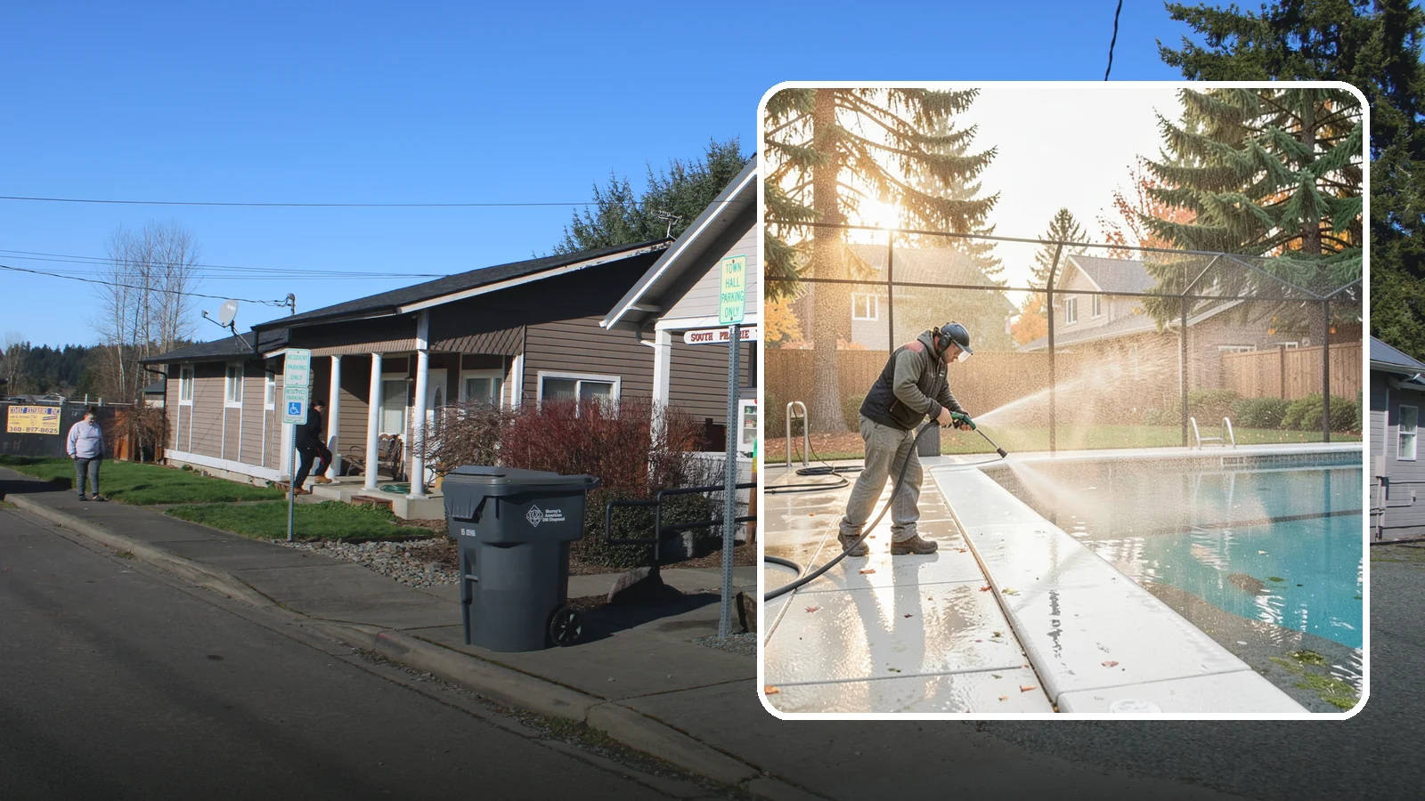 Pool Enclosure Washing in South Prairie, Pierce County, WA - We wash screened and glass pool enclosures to clear the algae film and evergreen debris that dim them through the rainy months.