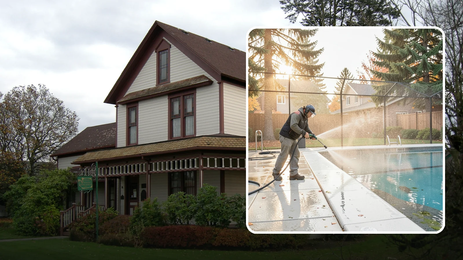 Pool Enclosure Washing in Sumner, Pierce County, WA - We wash screened and glass pool enclosures to clear the algae film and evergreen debris that dim them through the rainy months.