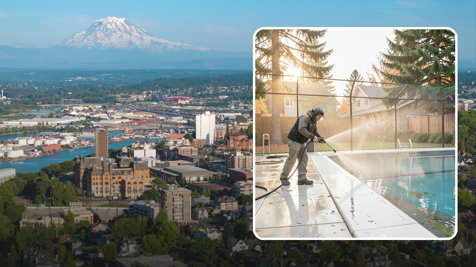 Pool Enclosure Washing in Tacoma, Pierce County, WA - We wash screened and glass pool enclosures to clear the algae film and evergreen debris that dim them through the rainy months.