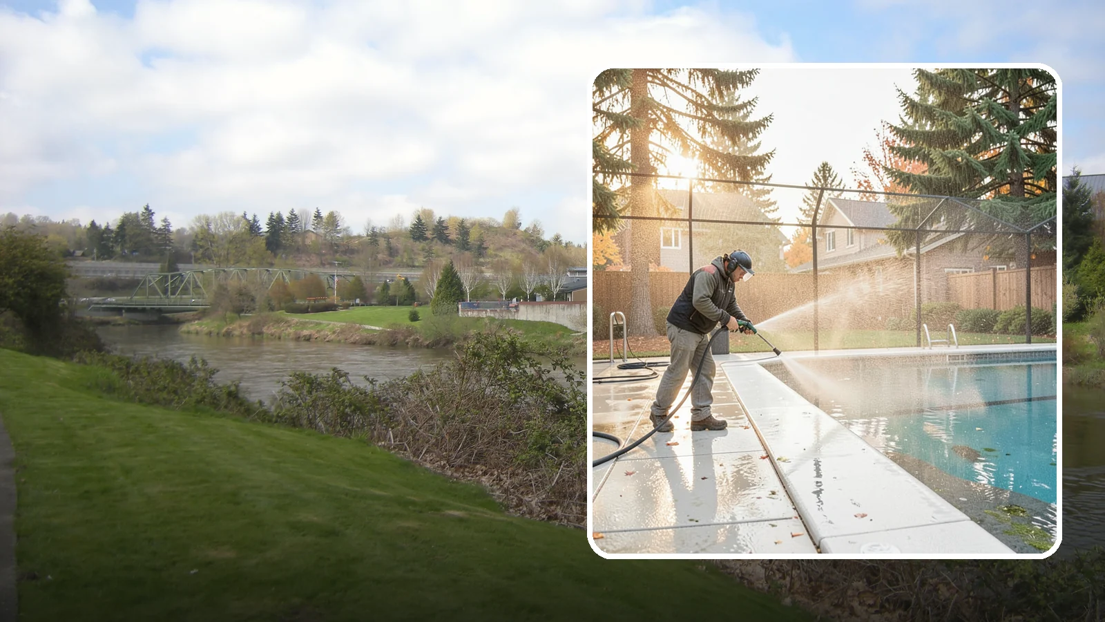 Pool Enclosure Washing in Tukwila, King County, WA - We wash screened and glass pool enclosures to clear the algae film and evergreen debris that dim them through the rainy months.