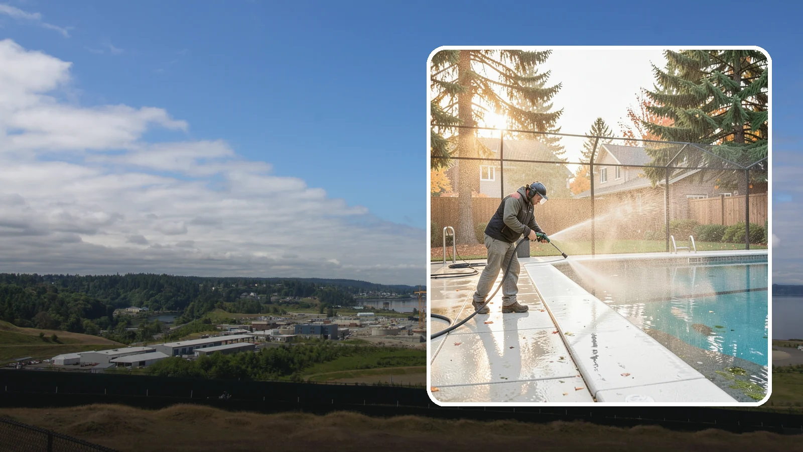 Pool Enclosure Washing in University Place, Pierce County, WA - We wash screened and glass pool enclosures to clear the algae film and evergreen debris that dim them through the rainy months.
