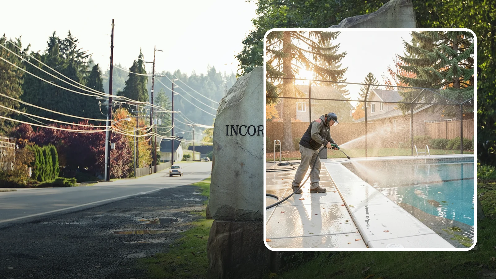 Pool Enclosure Washing in Wilkeson, Pierce County, WA - We wash screened and glass pool enclosures to clear the algae film and evergreen debris that dim them through the rainy months.