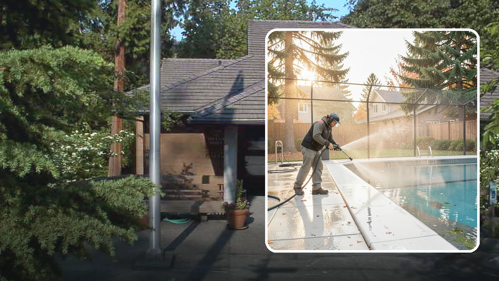 Pool Enclosure Washing in Yarrow Point, King County, WA - We wash screened and glass pool enclosures to clear the algae film and evergreen debris that dim them through the rainy months.
