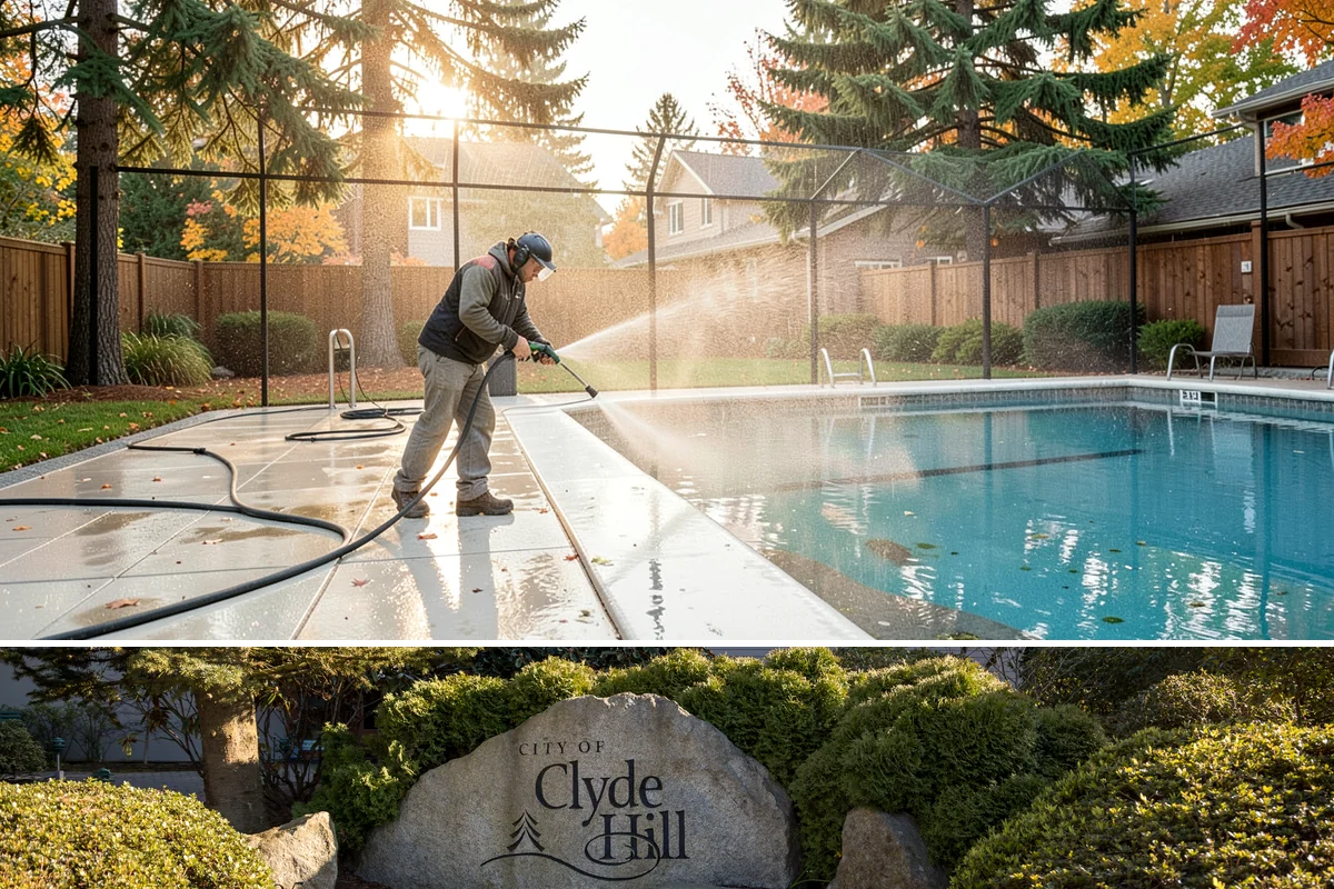 Pool Fence Cleaning in Clyde Hill, King County, WA - A spring cleaning readies the fence for a summer of clear, safe sightlines to the pool.