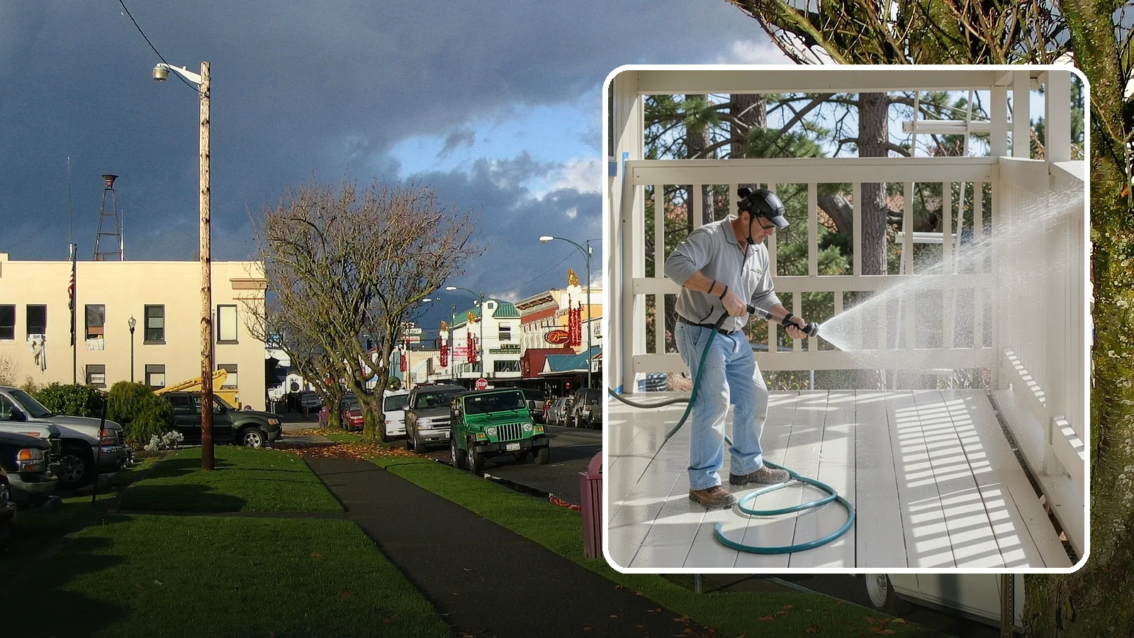 Porch Cleaning in Arlington, Snohomish County, WA - We wash porch floors, ceilings, and posts to lift the moss, mud, and pollen that dull this high-traffic entry.