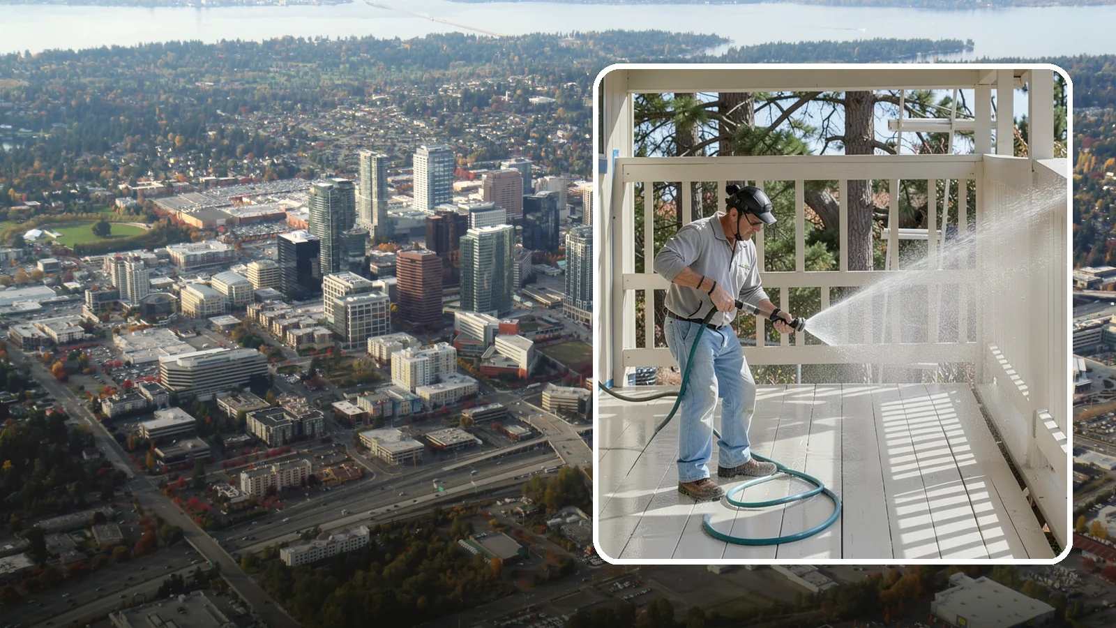 Porch Cleaning in Bellevue, King County, WA - We wash porch floors, ceilings, and posts to lift the moss, mud, and pollen that dull this high-traffic entry.