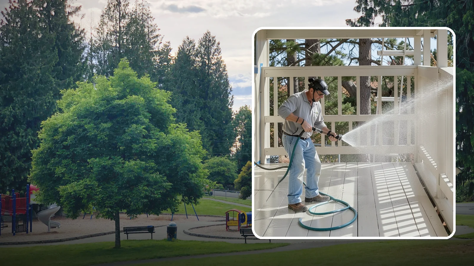 Porch Cleaning in Bonney Lake, Pierce County, WA - We wash porch floors, ceilings, and posts to lift the moss, mud, and pollen that dull this high-traffic entry.
