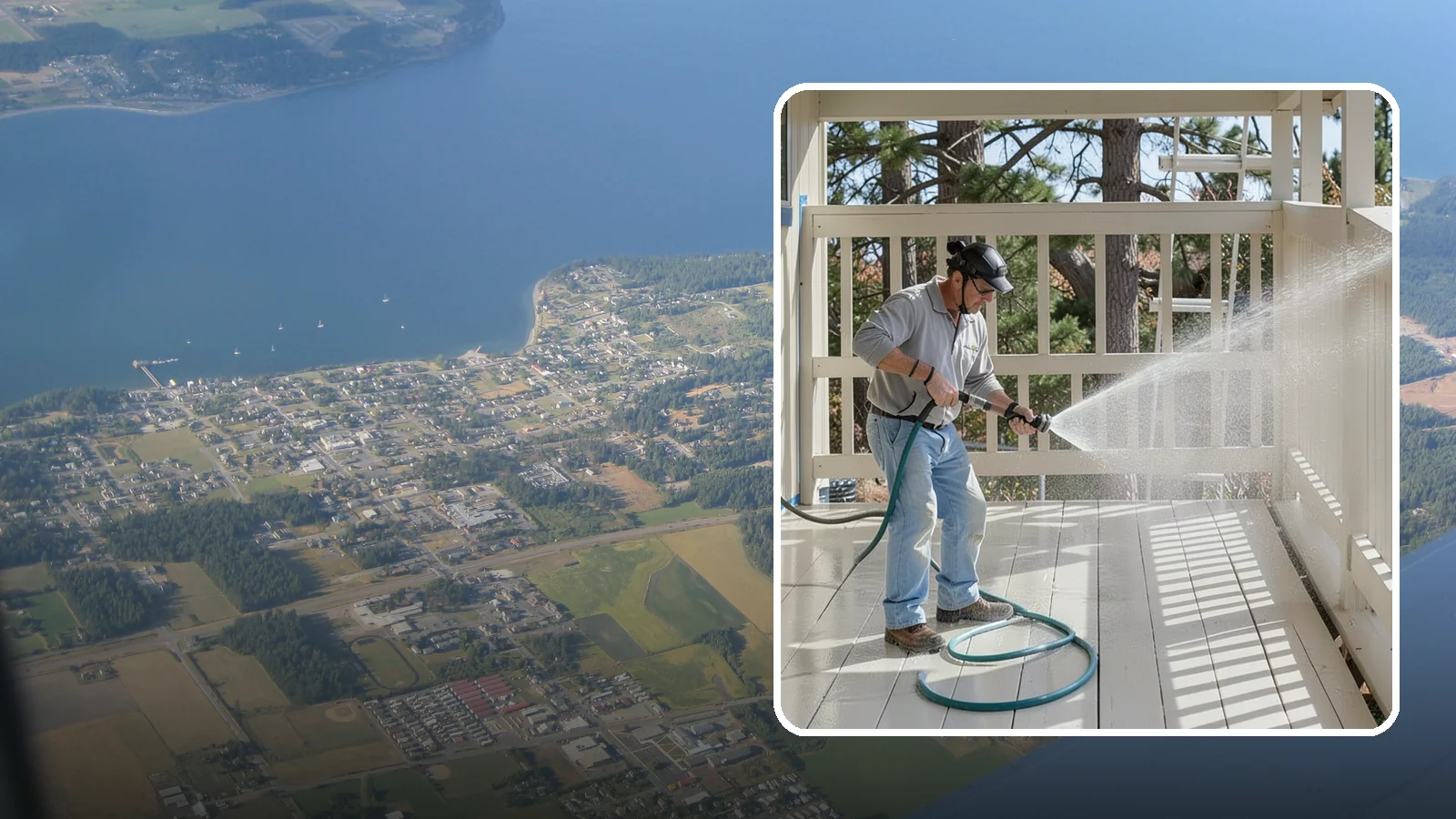 Porch Cleaning in Coupeville, Island County, WA - We wash porch floors, ceilings, and posts to lift the moss, mud, and pollen that dull this high-traffic entry.
