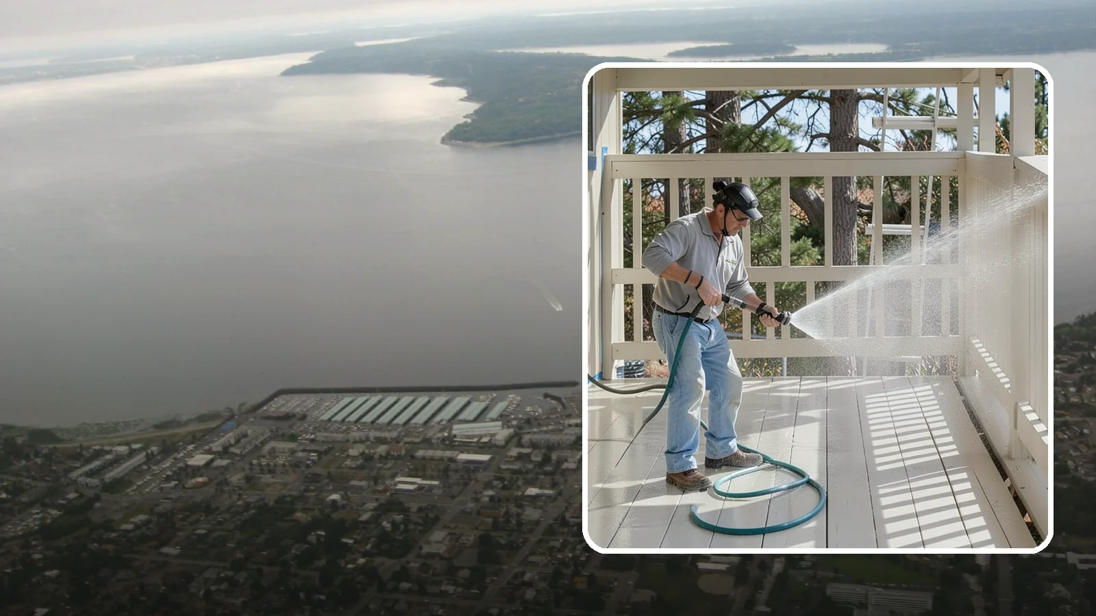 Porch Cleaning in Des Moines, King County, WA - We wash porch floors, ceilings, and posts to lift the moss, mud, and pollen that dull this high-traffic entry.