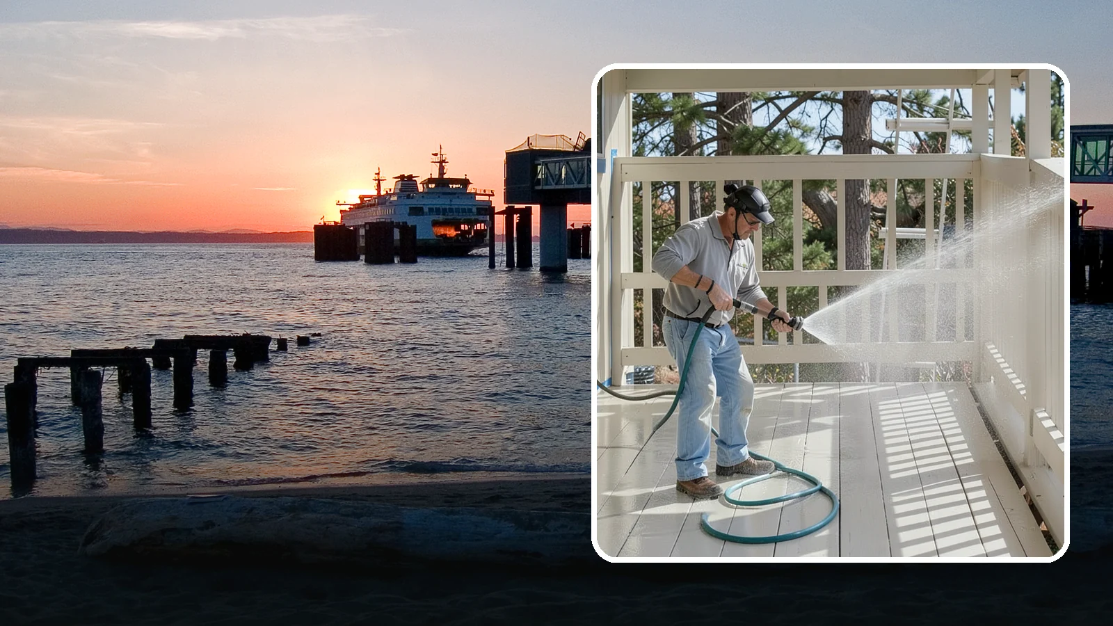 Porch Cleaning in Edmonds, Snohomish County, WA - We wash porch floors, ceilings, and posts to lift the moss, mud, and pollen that dull this high-traffic entry.