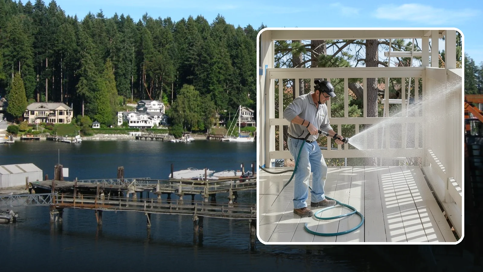 Porch Cleaning in Gig Harbor, Pierce County, WA - We wash porch floors, ceilings, and posts to lift the moss, mud, and pollen that dull this high-traffic entry.