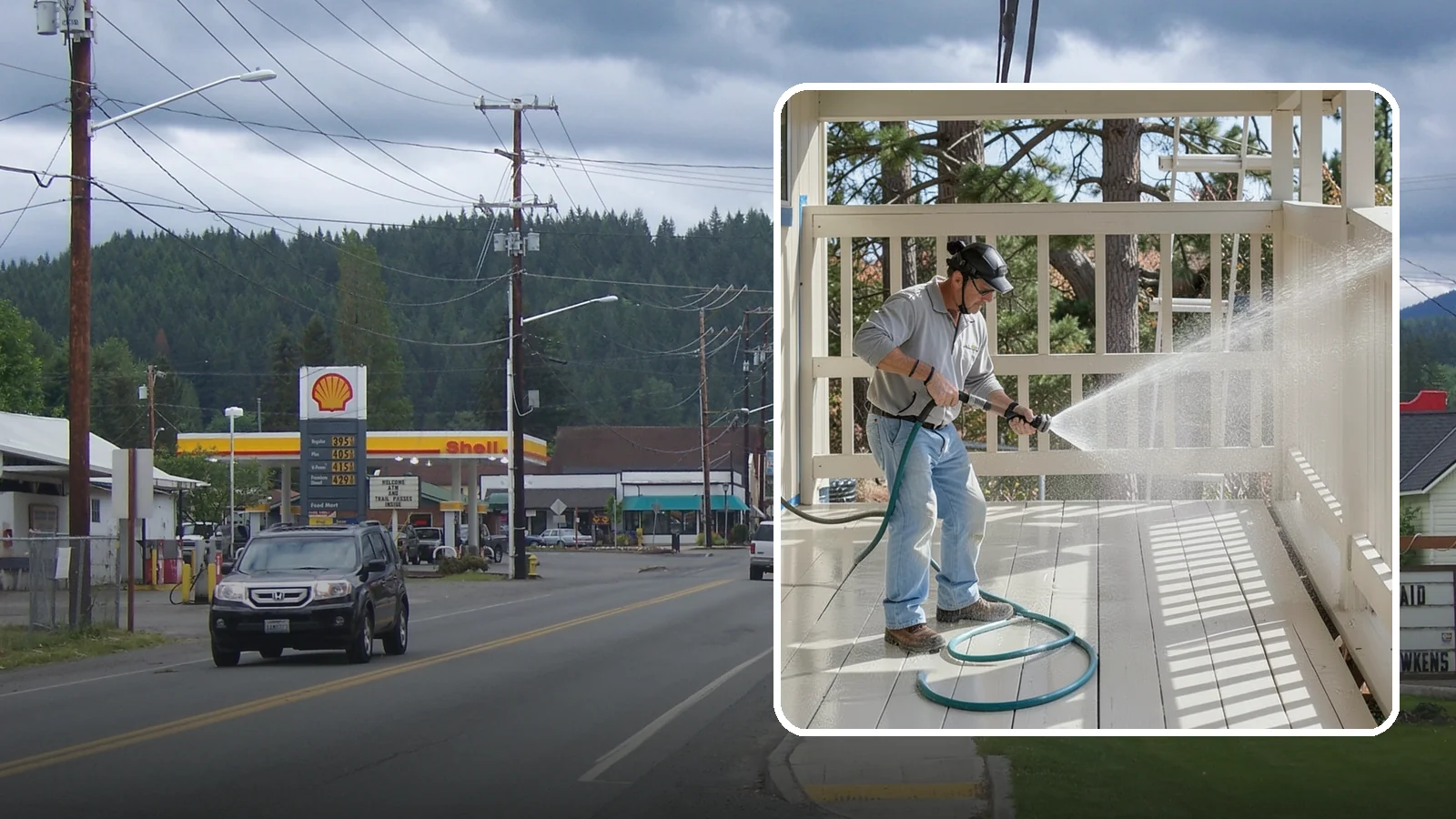 Porch Cleaning in Granite Falls, Snohomish County, WA - We wash porch floors, ceilings, and posts to lift the moss, mud, and pollen that dull this high-traffic entry.
