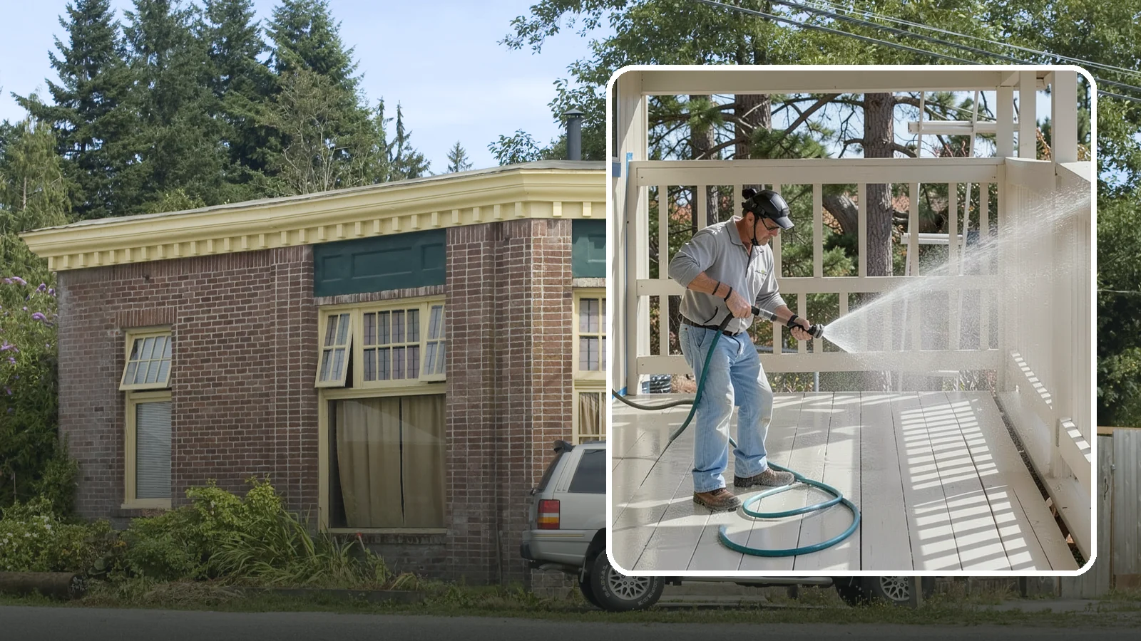 Porch Cleaning in Hamilton, Skagit County, WA - We wash porch floors, ceilings, and posts to lift the moss, mud, and pollen that dull this high-traffic entry.