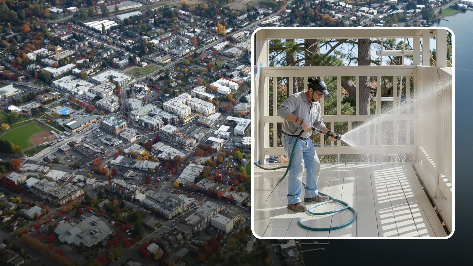 Porch Cleaning in Kirkland, King County, WA - We wash porch floors, ceilings, and posts to lift the moss, mud, and pollen that dull this high-traffic entry.