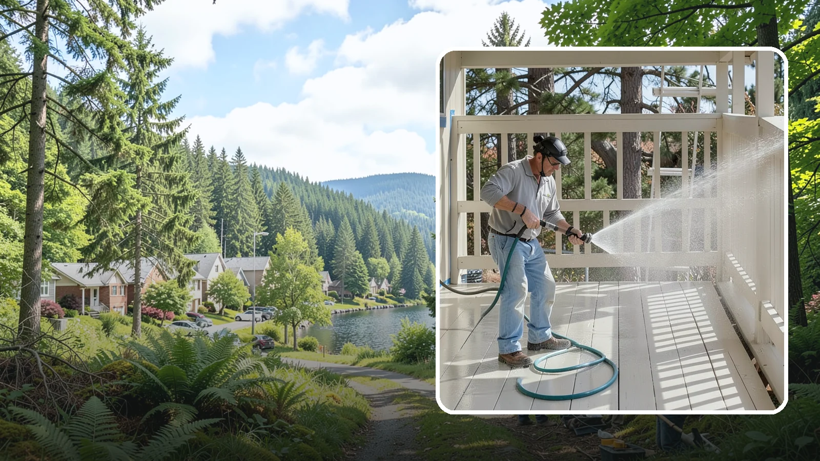 Porch Cleaning in Lake Forest Park, King County, WA - We wash porch floors, ceilings, and posts to lift the moss, mud, and pollen that dull this high-traffic entry.