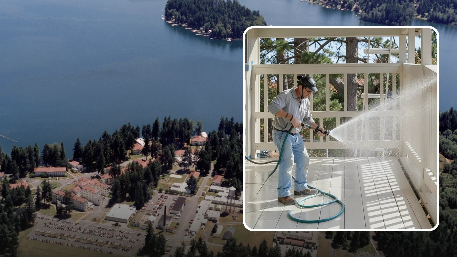 Porch Cleaning in Lakewood, Pierce County, WA - We wash porch floors, ceilings, and posts to lift the moss, mud, and pollen that dull this high-traffic entry.
