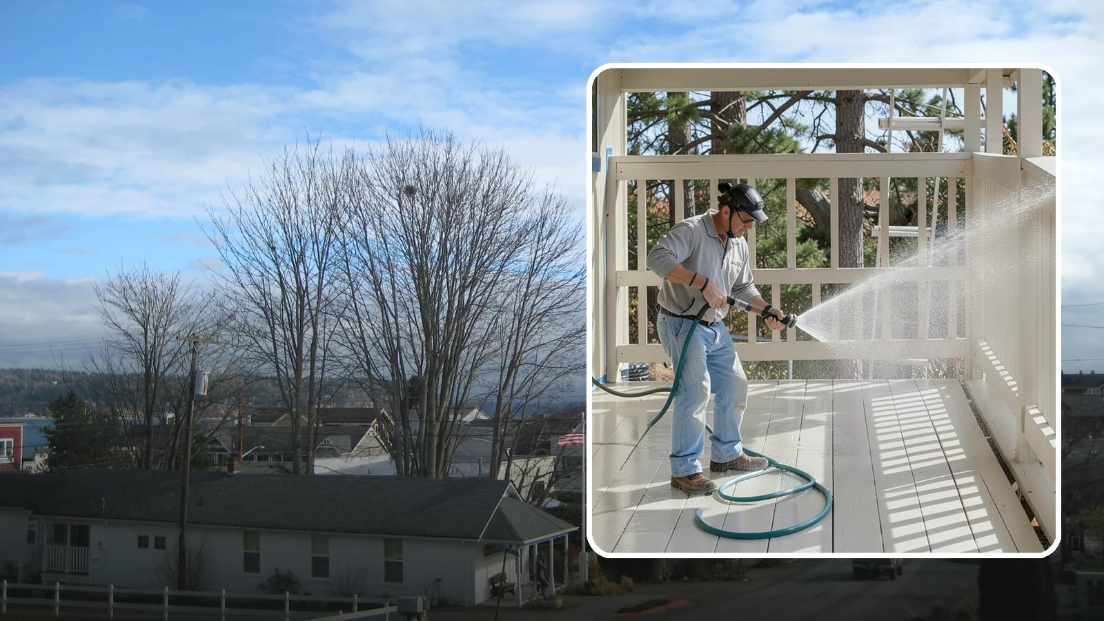 Porch Cleaning in Langley, Island County, WA - We wash porch floors, ceilings, and posts to lift the moss, mud, and pollen that dull this high-traffic entry.