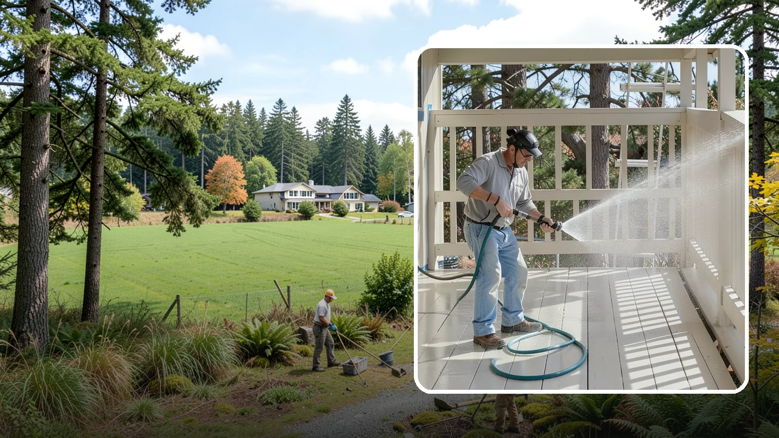 Porch Cleaning in Lyman, Skagit County, WA - We wash porch floors, ceilings, and posts to lift the moss, mud, and pollen that dull this high-traffic entry.