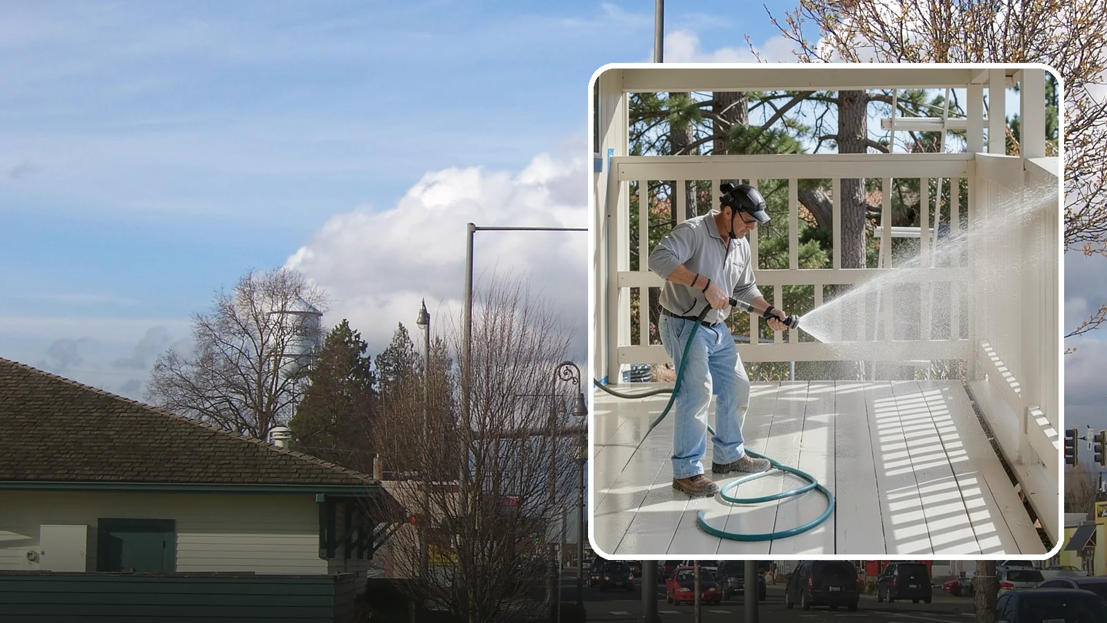 Porch Cleaning in Marysville, Snohomish County, WA - We wash porch floors, ceilings, and posts to lift the moss, mud, and pollen that dull this high-traffic entry.