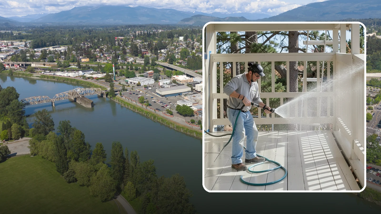 Porch Cleaning in Mount Vernon, Skagit County, WA - We wash porch floors, ceilings, and posts to lift the moss, mud, and pollen that dull this high-traffic entry.