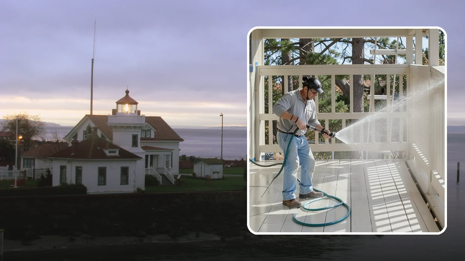 Porch Cleaning in Mukilteo, Snohomish County, WA - We wash porch floors, ceilings, and posts to lift the moss, mud, and pollen that dull this high-traffic entry.