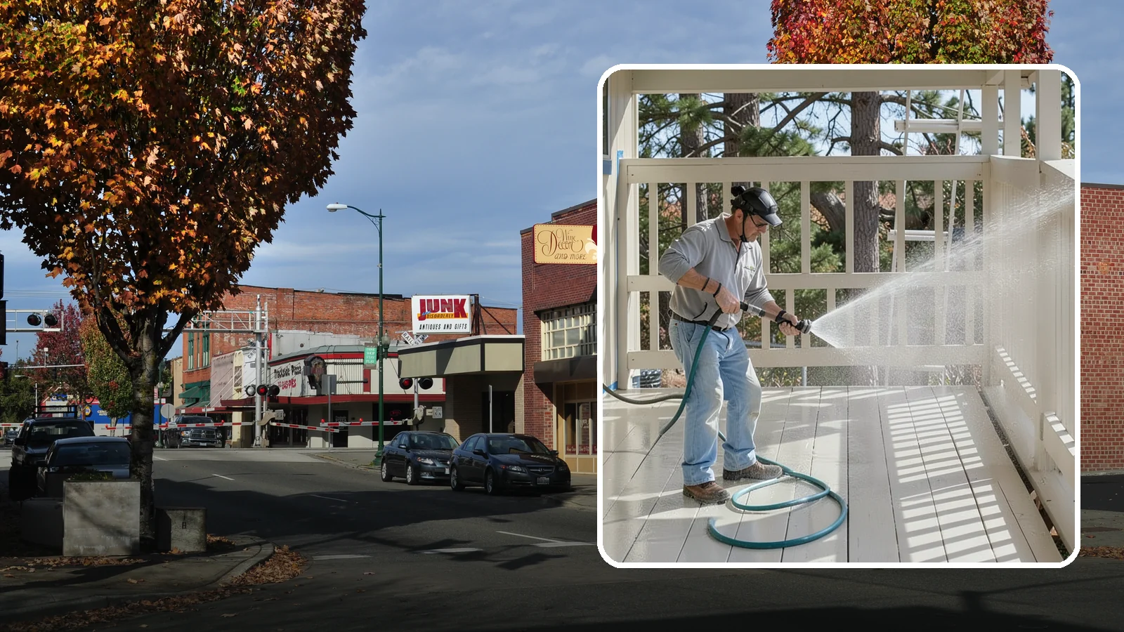 Porch Cleaning in Puyallup, Pierce County, WA - We wash porch floors, ceilings, and posts to lift the moss, mud, and pollen that dull this high-traffic entry.