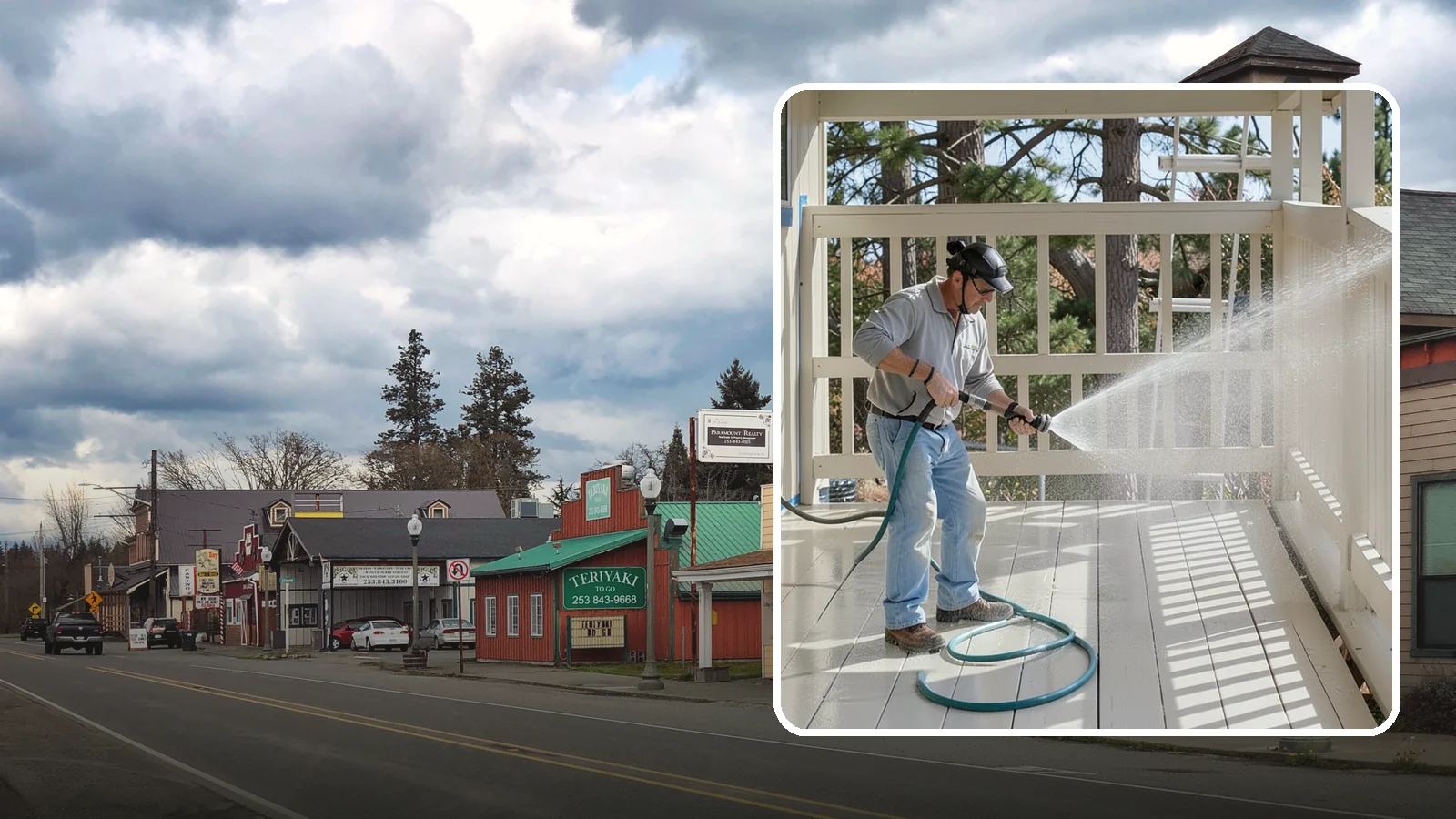 Porch Cleaning in Roy, Pierce County, WA - We wash porch floors, ceilings, and posts to lift the moss, mud, and pollen that dull this high-traffic entry.