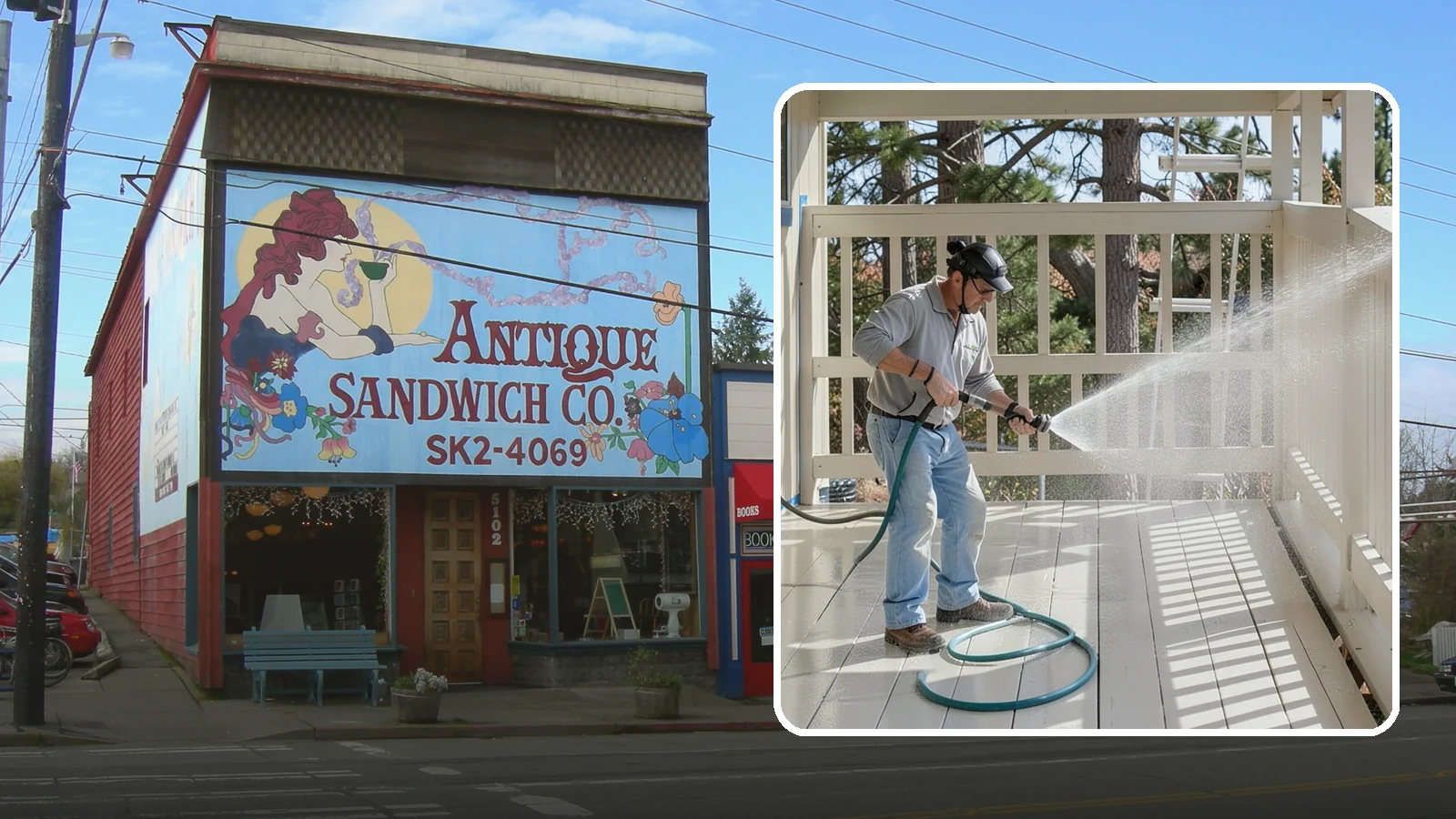 Porch Cleaning in Ruston, Pierce County, WA - We wash porch floors, ceilings, and posts to lift the moss, mud, and pollen that dull this high-traffic entry.