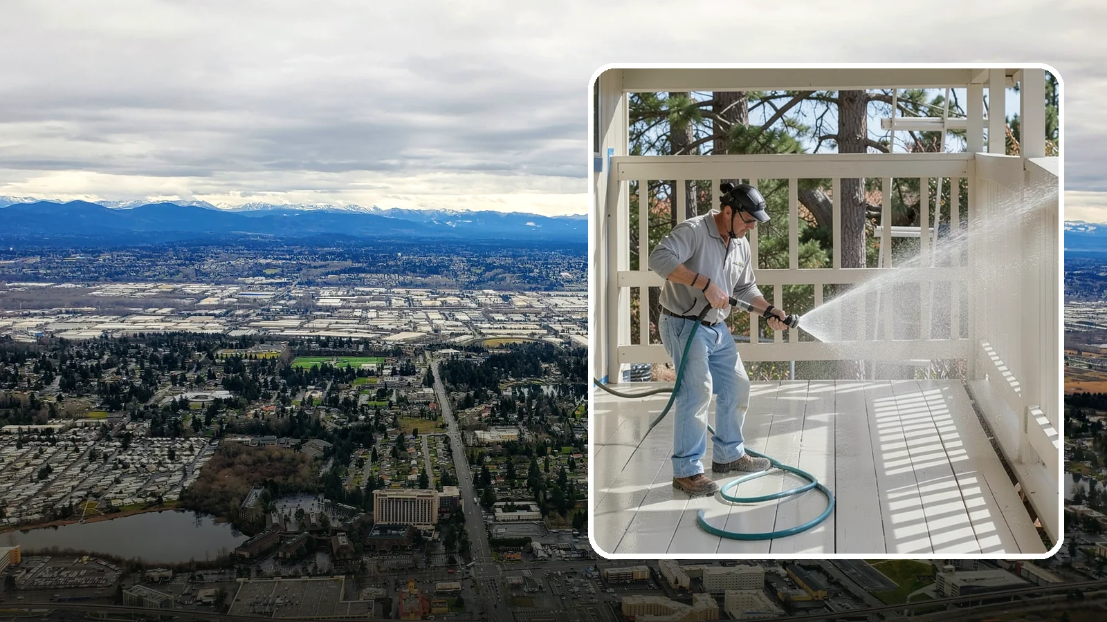 Porch Cleaning in SeaTac, King County, WA - We wash porch floors, ceilings, and posts to lift the moss, mud, and pollen that dull this high-traffic entry.