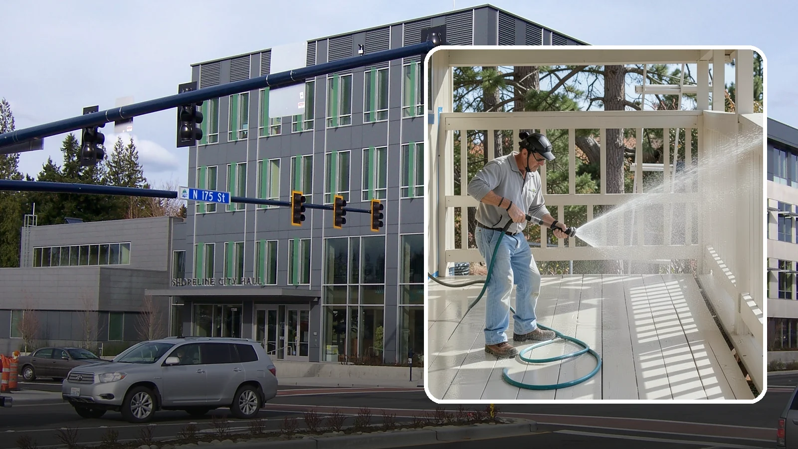 Porch Cleaning in Shoreline, King County, WA - We wash porch floors, ceilings, and posts to lift the moss, mud, and pollen that dull this high-traffic entry.