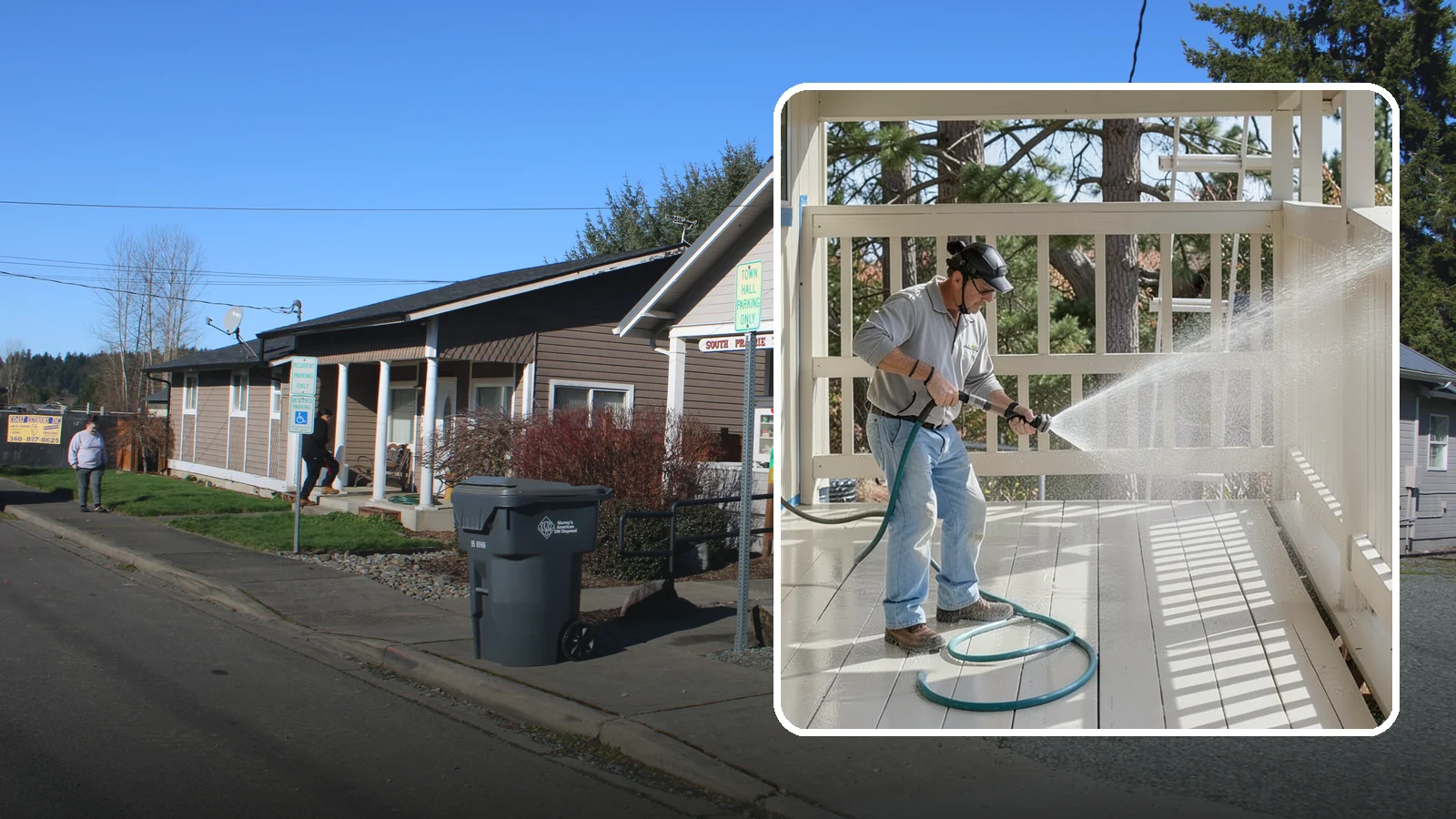 Porch Cleaning in South Prairie, Pierce County, WA - We wash porch floors, ceilings, and posts to lift the moss, mud, and pollen that dull this high-traffic entry.