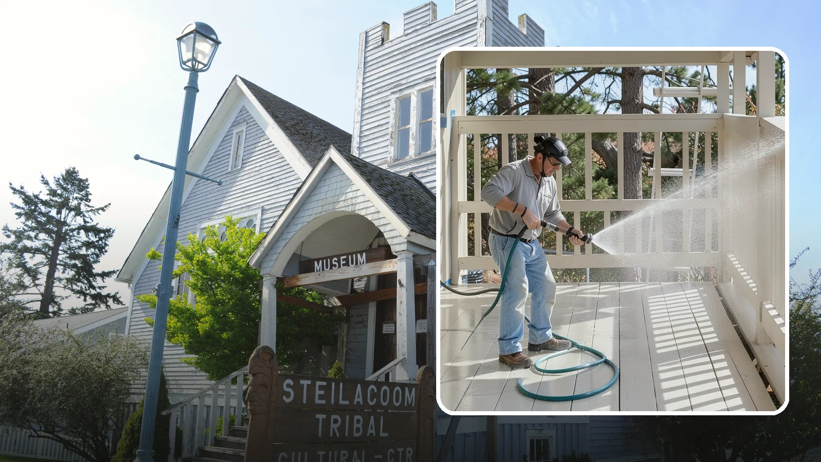 Porch Cleaning in Steilacoom, Pierce County, WA - We wash porch floors, ceilings, and posts to lift the moss, mud, and pollen that dull this high-traffic entry.