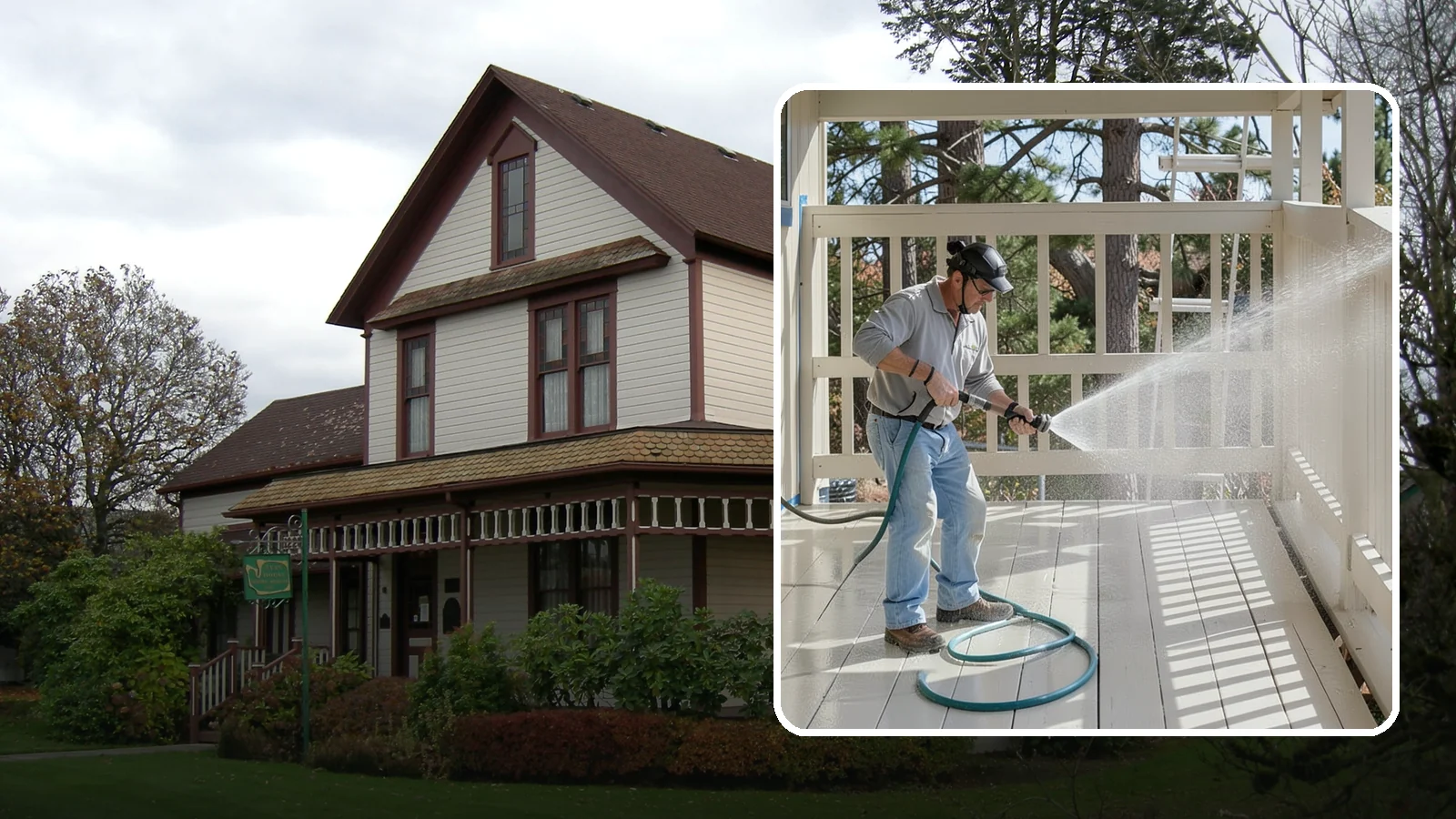 Porch Cleaning in Sumner, Pierce County, WA - We wash porch floors, ceilings, and posts to lift the moss, mud, and pollen that dull this high-traffic entry.