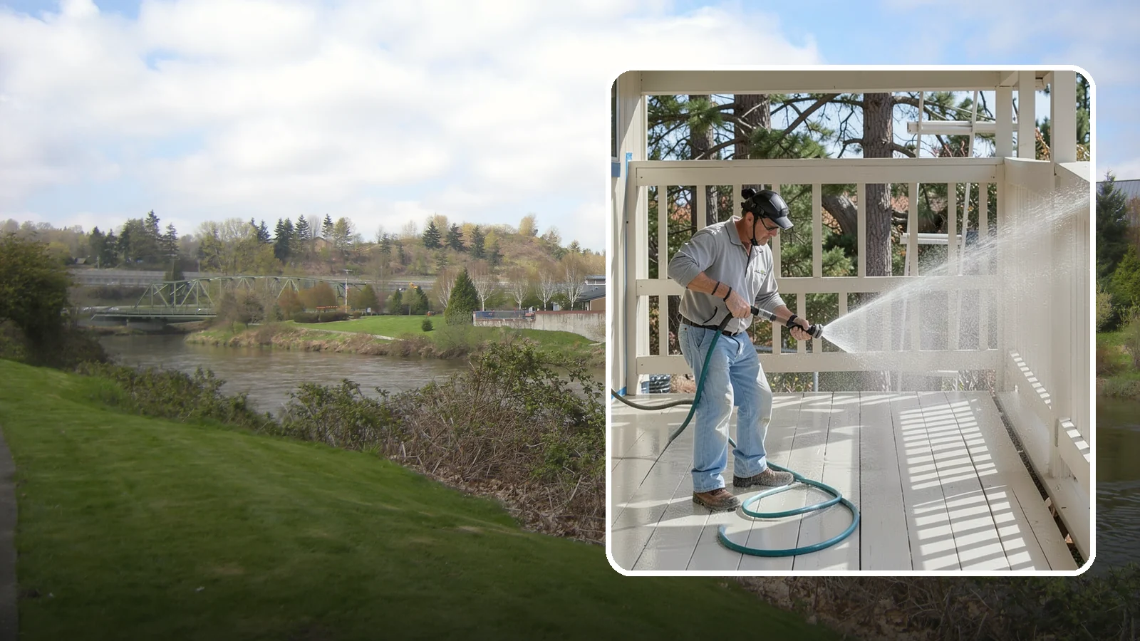 Porch Cleaning in Tukwila, King County, WA - We wash porch floors, ceilings, and posts to lift the moss, mud, and pollen that dull this high-traffic entry.