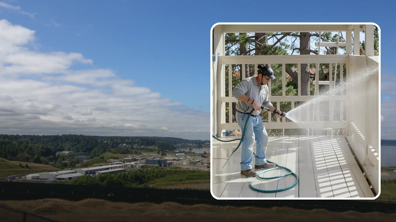 Porch Cleaning in University Place, Pierce County, WA - We wash porch floors, ceilings, and posts to lift the moss, mud, and pollen that dull this high-traffic entry.